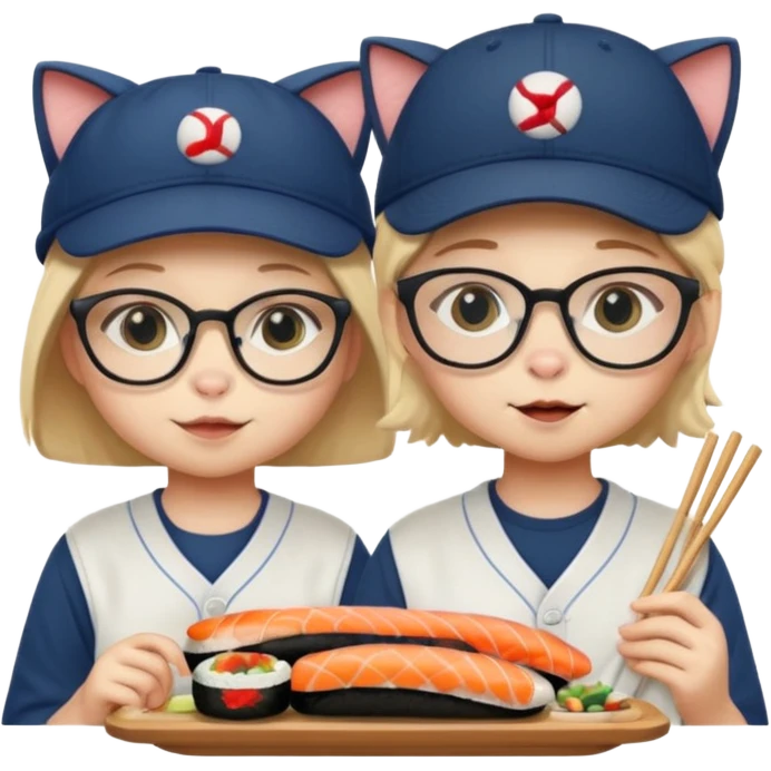 cute girl cat wearing glasses and a cute boy cat wearing a baseball cap eating sushi together emoji