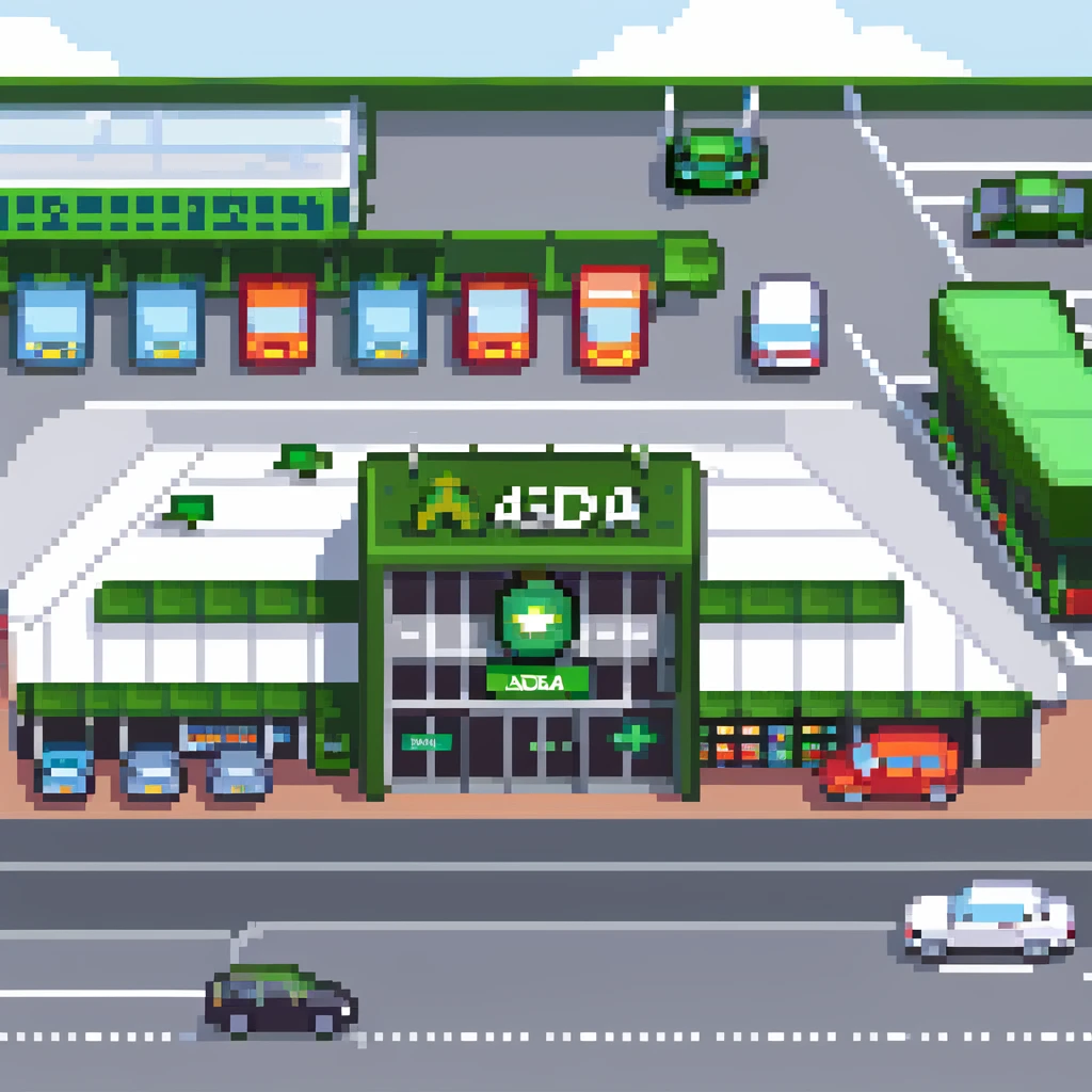 Isometric view of an ASDA supermarket building with green signage, large glass entrance, shopping trolleys bay, and car park with British cars emoji