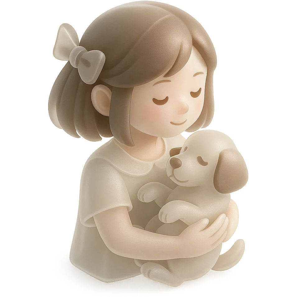 A pale girl with brown shoulder-length hair tied with a ribbon hairclip, holding a dog emoji