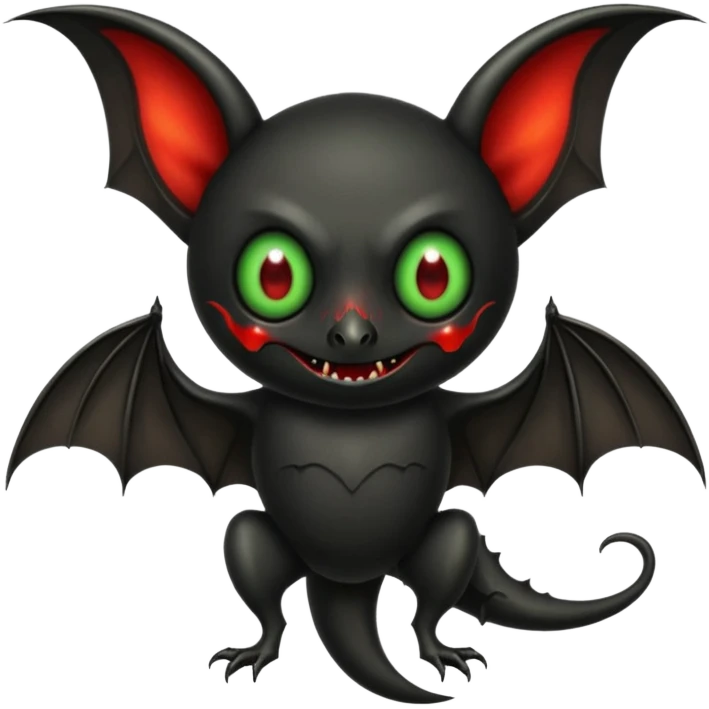 an all black bat-like creature. One cyclopian red eye in its face. no visible mouth or ears. has a long tale with a stinger that drips green poison emoji