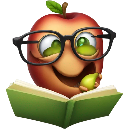Worm wearing glasses reading a book eating an apple emoji