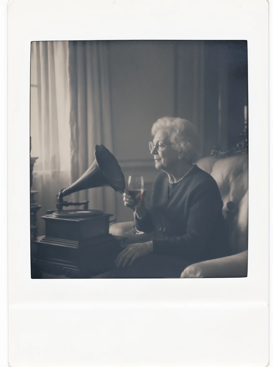 old lady with wineglass listening to gramophone emoji