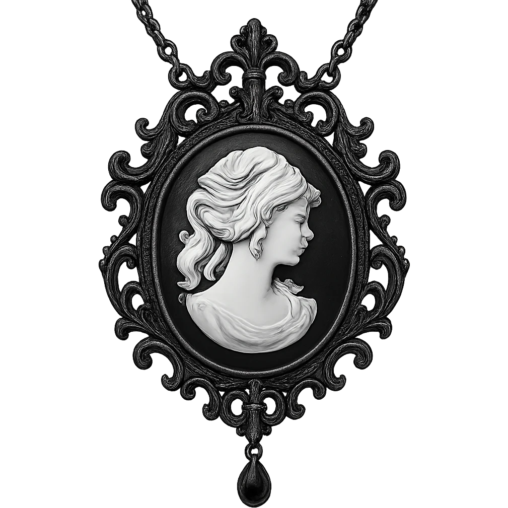 cameo necklace in aristocrat goth style, black and white, ornate frame emoji