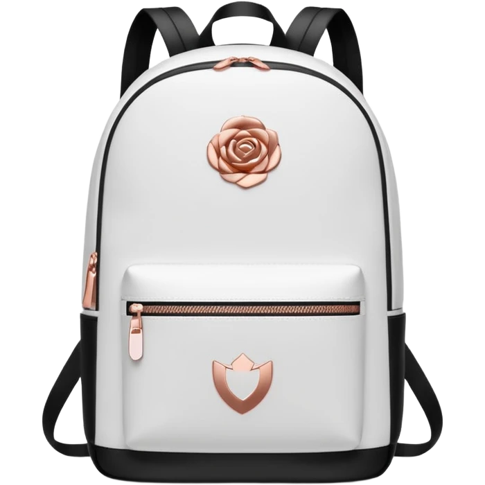 White backpack with rose gold logo and no face emoji