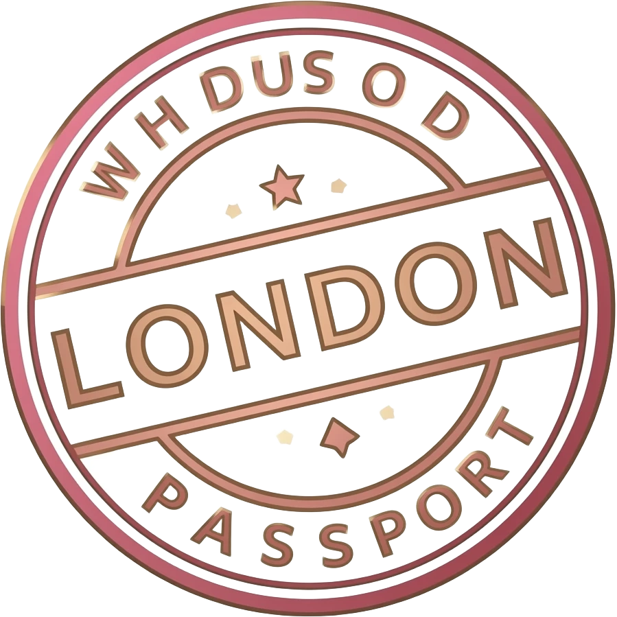 Elegant London passport stamp design, isolated, centered, no background, blush pink and gold, refined travel luxury aesthetic emoji