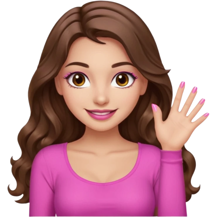 girl with long wavy brown hair, brown eyes, long lashes, sexy pink lips, light to medium complexion, wearing a pink sexy top, smiling, finger tips touching emoji