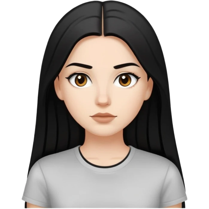 white girl, black long straight hair, brown eyes, dark eyebrows, small lips, black t-shirt emoji