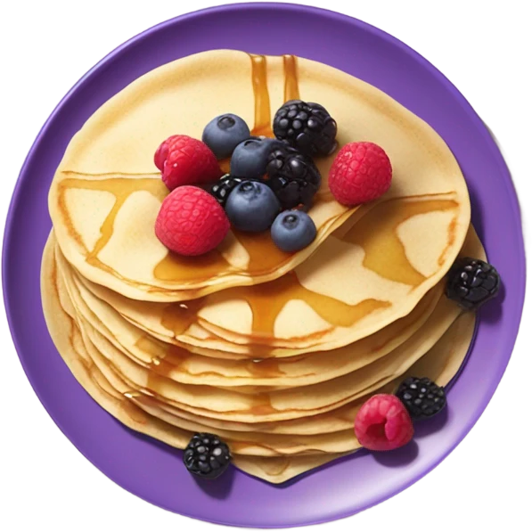 Crepes on a purple plate with maple syrup and berries emoji