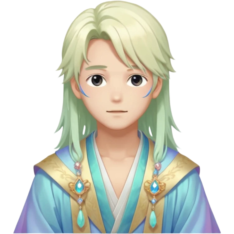 Beautiful gorgeous romantic blushing youthful handsome anime guy with beautiful iridescent-pastel-whitish-special-medium-long-hair, fashion aesthetic, ethereal, fairycore, pastelcore, layered robes, accessories, jewelries, colorful, shiny, trending style, outside emoji