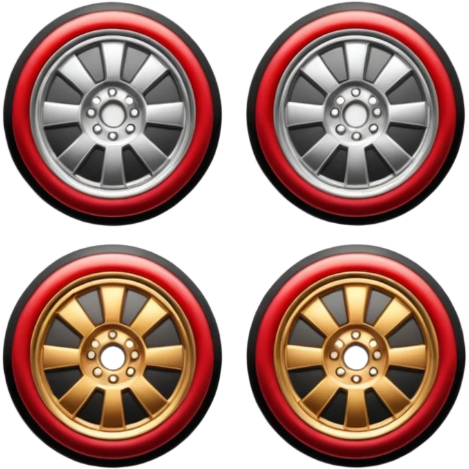 Emoji-style car membership badges: silver wheel, bronze exhaust, red rims, black spoiler, gold wheel — in progression." emoji