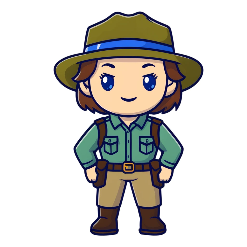white woman park ranger with brown hair and blue eyes in a nature background emoji