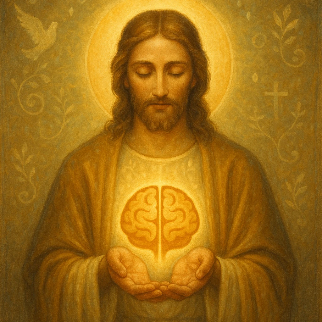 Christ Guardian of Mind, benevolent figure with soft golden glow, hands gently cradling stylized brain or mind symbol, surrounded by peaceful energy and spiritual motifs emoji