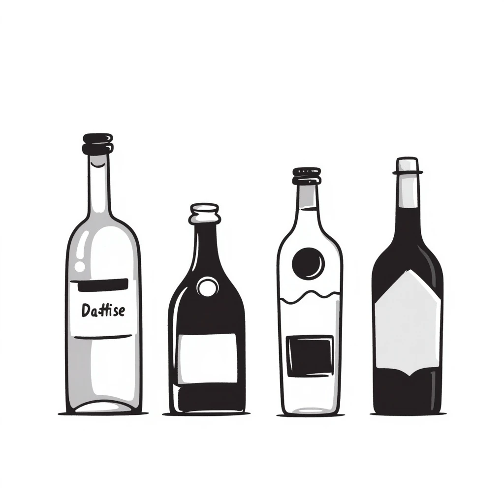 Four bottles of alcohol, each with distinct shapes and labels, arranged neatly in a row. The bottles should vary in color and size, with detailed labels and caps. emoji