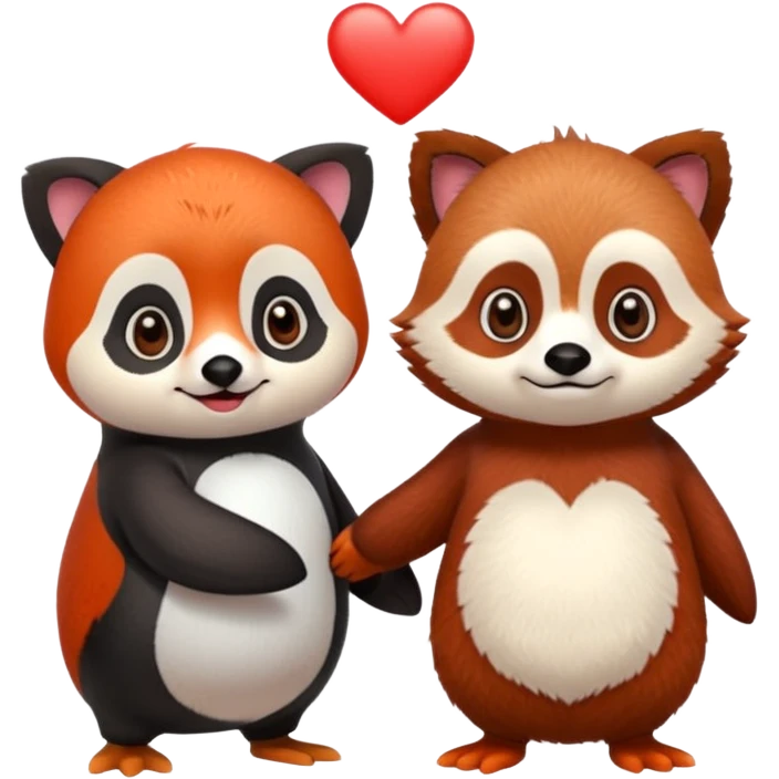 A cartoon  cute one penguin and one red panda holding "hands" emoji