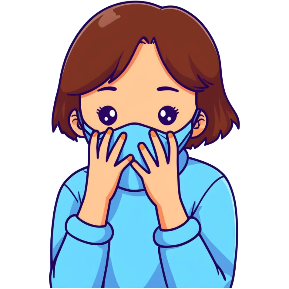 brunette girl with brown hair wearing pastel blue clothes covering her face with her hand emoji
