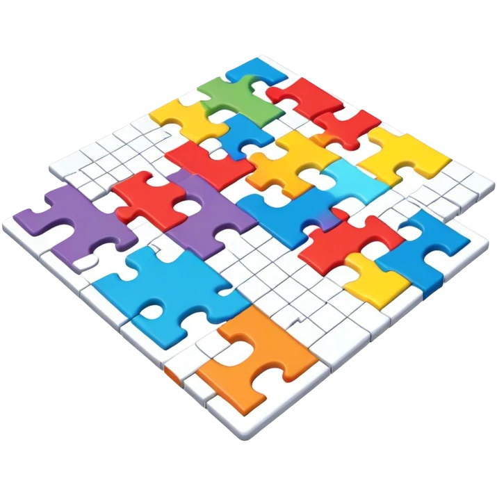 A photorealistic icon with a colorful, fragmented puzzle piece, a crossword magazine, a 3D puzzle, and a partially completed puzzle on a table. Bright, detailed design with realistic lighting. Transparent background, clearly symbolizing puzzles and brain games. emoji