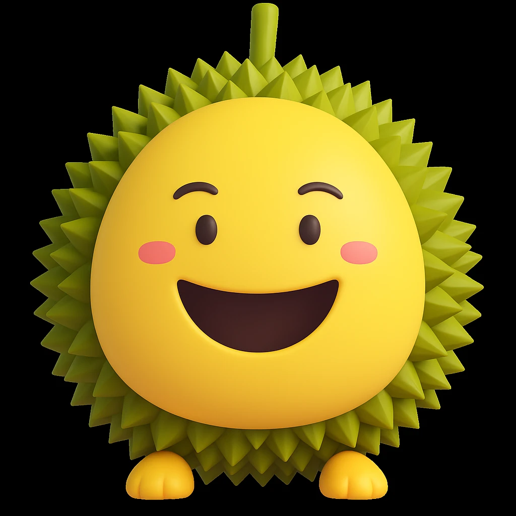 Change the expression of the durian character to a big smile, keeping all other characteristics the same. The style should resemble a 3D emoji style with the same look and feel as the original image. emoji