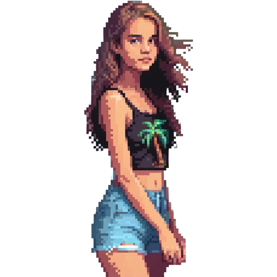 young woman enjoying Malibu beach with palm trees emoji