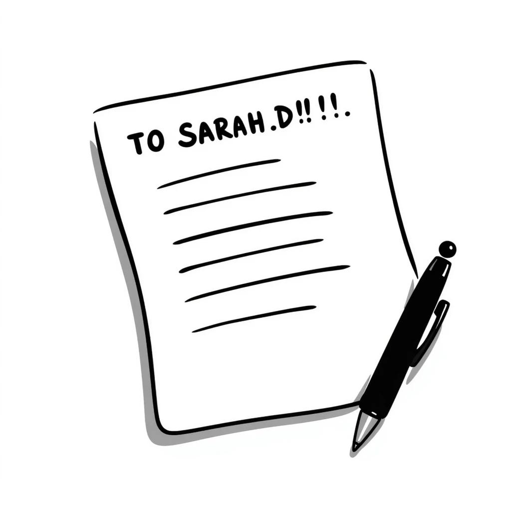 a paper letter with "TO SARAH" text written at the top of the letter, with a pen lying next to it emoji
