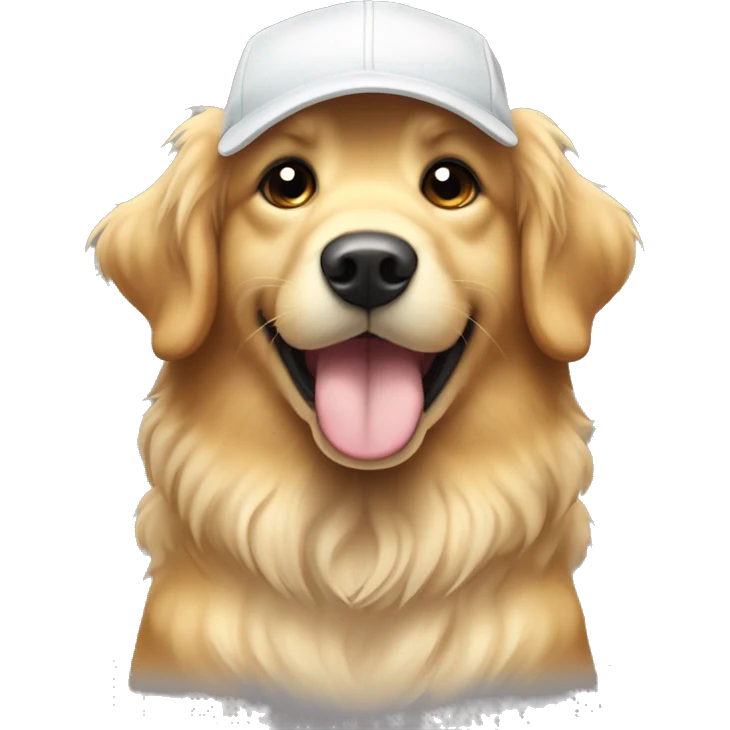 Create an image of a Golden Retriever with a fluffy coat that is slightly golden, almost cream. With round, dark eyes, a broad nose and slightly wavy hanging ears. She wears a white baseball cap towards the back. emoji