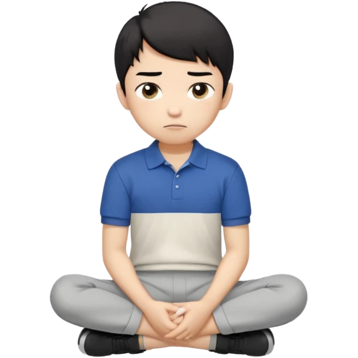 A cartoon young Asian boy with short black hair, light beige skin, and large expressive eyes, wearing a white polo shirt, gray pants, and black shoes. He sits cross-legged on the ground, one fist resting on his cheek, with a closed-mouth smirk. Clean lines, flat colors, solid black background. emoji