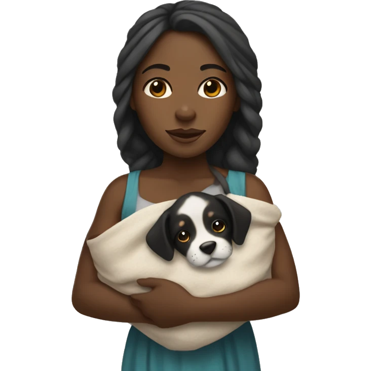 black girl with long hair wrapped in a banket with a puppy in her arms emoji