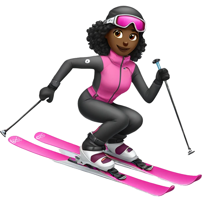 African Skier girl with long black hair and pink gear show skis and legs  emoji