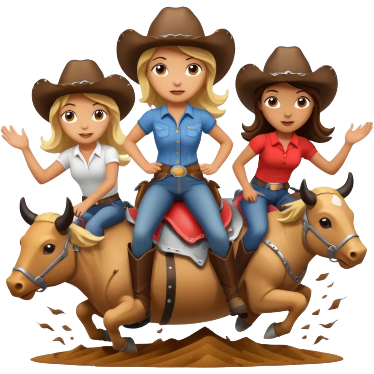 Three girls riding mechanical bulls in a tornado emoji