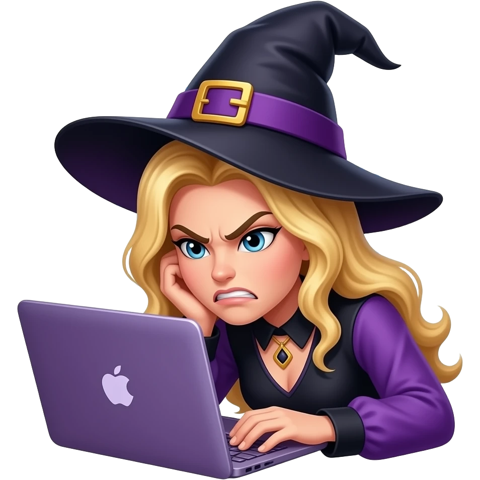 blonde witch, resting head on purple apple macbook keyboard, looking angry,purple and black outfit, with code surrounding her emoji