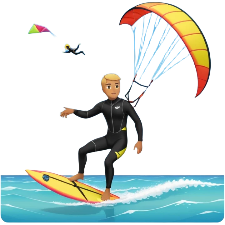 Kiter man con neopreno negro largo en el mar con una cometa kite surf de 18 metros,haciendo kite surf y el truco downloop emoji