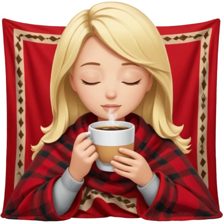 Blonde girl inside a blanket sipping coffee eyes closed emoji