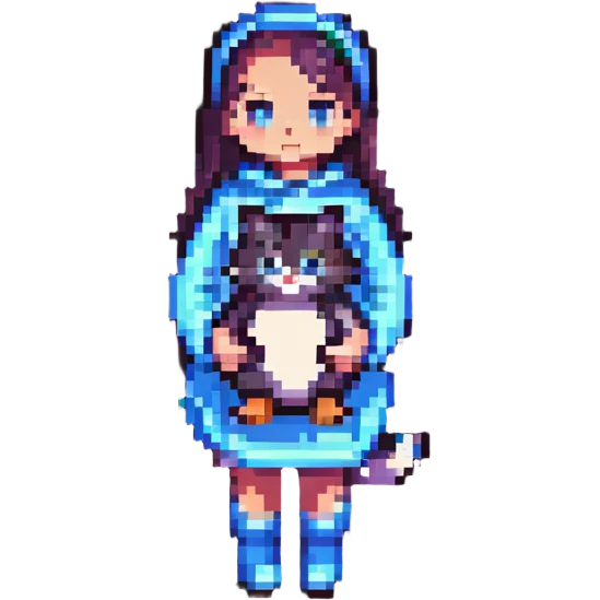 a girl holding a penguin and a cat, pixel art style emoji