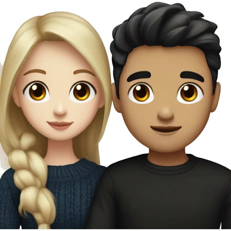 dark Blonde girl with blue eyes in black sweater and an east asian with light skin man with black hair and black eyes hugging emoji