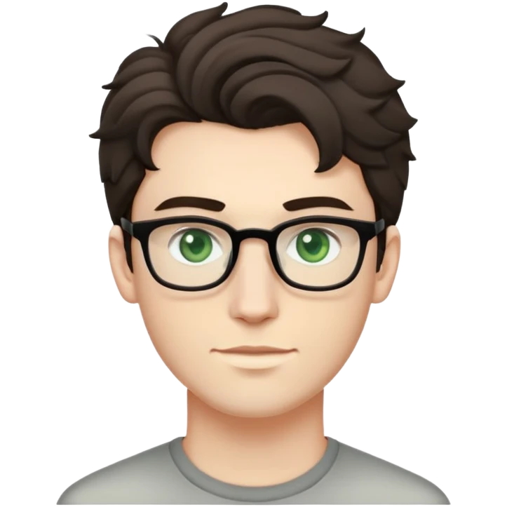 young man with pale skin, dark tall voluminous slightly wavy hair styled up high on head but not curly, wearing glasses with green eyes and very light stubble, with a slight smile emoji