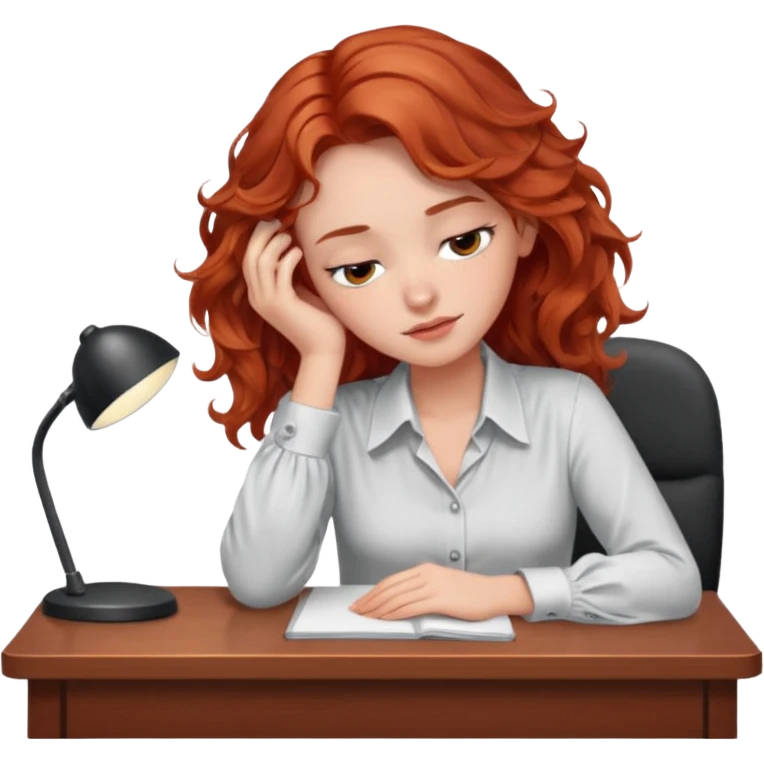 Pretty model, brown eyes, soft red wavy hair, falling asleep at desk emoji