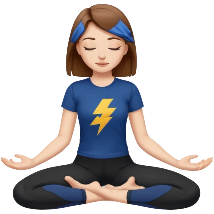 Brown long haired white girl with closed eyes in dark blue leggings and a black skims t-shirt sits on the splits emoji