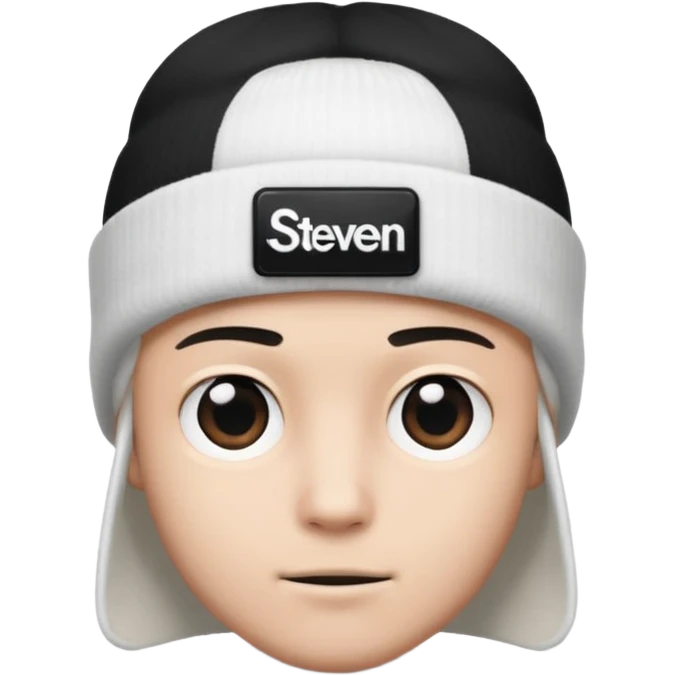 luca wearing a white beanie with a black square logo that says "Steven" on it
 emoji