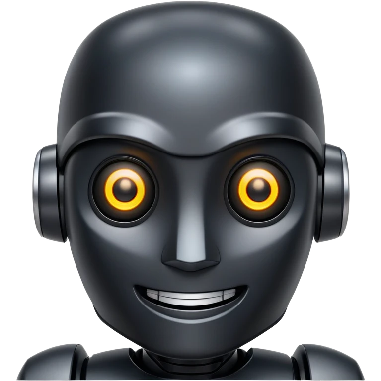friendly modern face of a black robot with bright white led eyes, smiling, non-threatening emoji