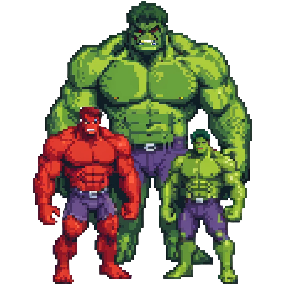 Red Hulk, World Breaker Hulk, and Maestro Hulk forms in retro game style emoji