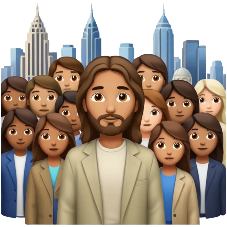Jesus standing in a modern cityscape with a diverse group of people of different ages, ethnicities, and abilities emoji