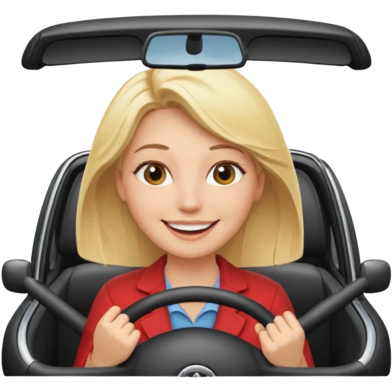 blonde woman driving car. Happy face confidence emoji