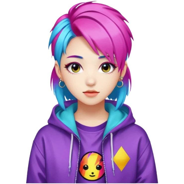 portrait of young woman idol in Kpop style, wearing flashy streetwear outfit, colorful dyed hair emoji