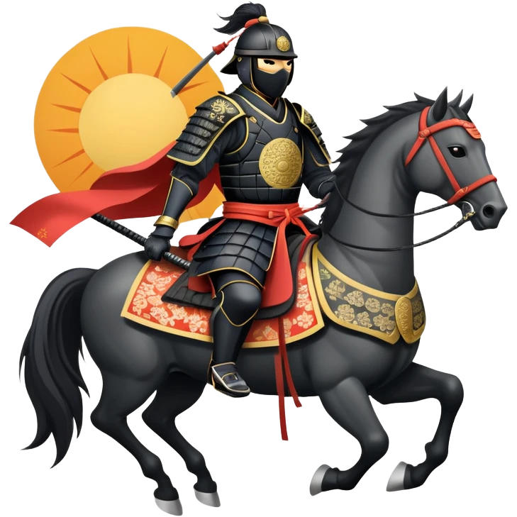 clash-of-clans-aesthetic_-cinematic-fearsome-and-majestic-samurai-bust-portrait-emoji, rendered in a flat, vector-style with minimal shading and bold, simplified shapes typical of emoji art, depicting a battle-hardened samurai with black mask and traditional black Japanese armor. The samurai is riding a noble grey warhorse adorned with an intricately designed saddle and fluttering banners and a rising sun. a zoomed insamurai riding on a  horse emoji