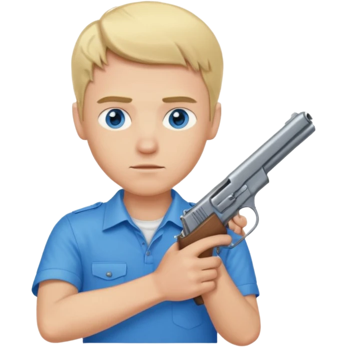 A blonde guy with blue eyes and blue shirt holding a gun emoji