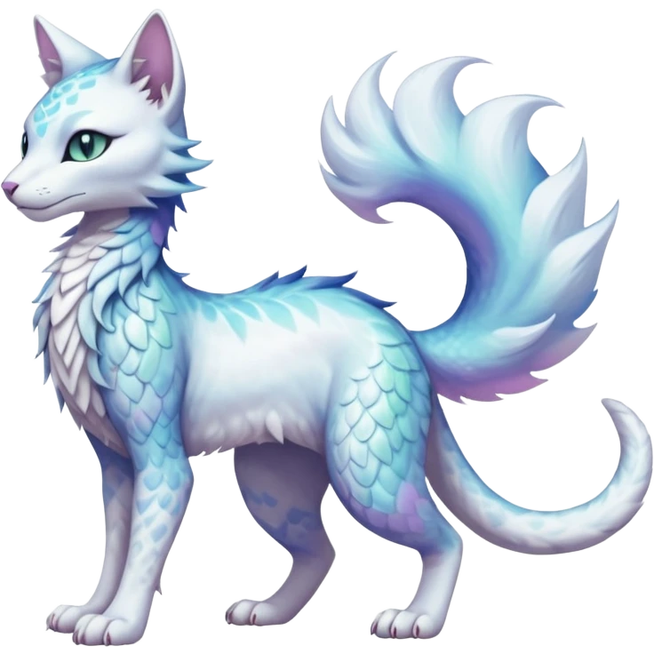 Kawaii white pastel iridescent beautiful pretty elegant divine edgy fantasy feline-vernid-sergal-Haku-fursona-animal-creature with a tufted tail full body with intricate markings  emoji