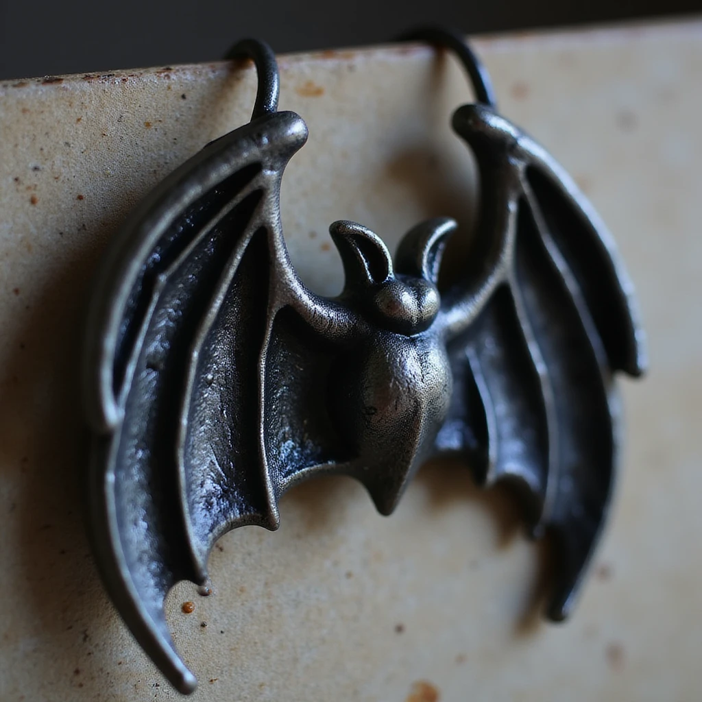realistic goth earrings, black bat wing hoop, metallic finish, dramatic gothic emoji