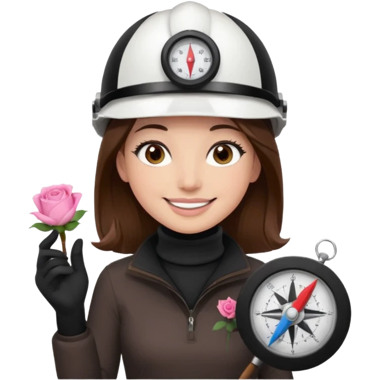 Arquitecta ojos marrones oscuros pestañas pelo marron por los hombros sonrie casco blanco jersey de cuello alto negro compás pars dibujar circulos y rosa emoji