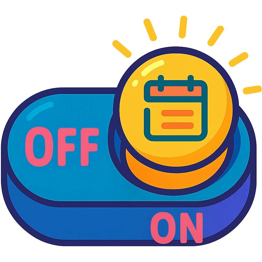 playful cartoon toggle switch, colorful, ON/OFF label, glowing, represents event consolidation emoji
