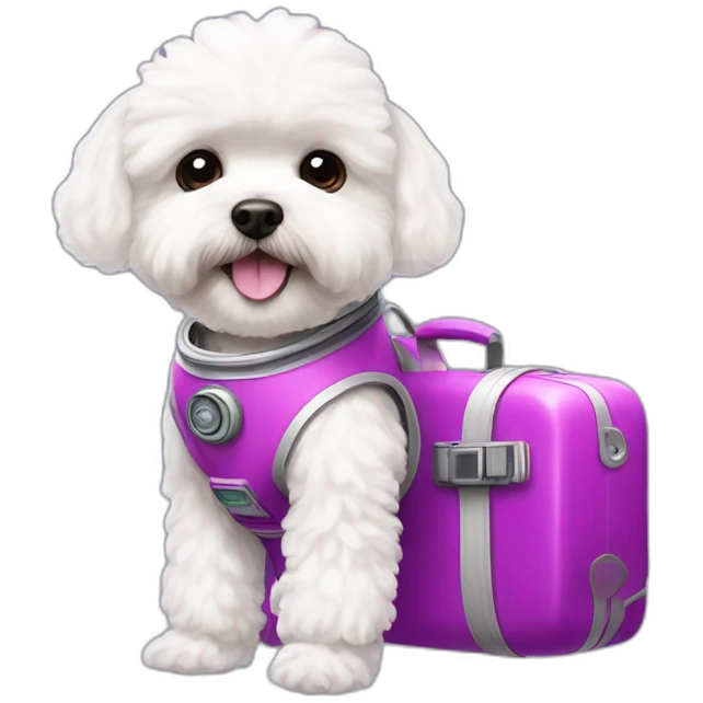 a white maltipoo as purple astronaut with a pink luggage emoji