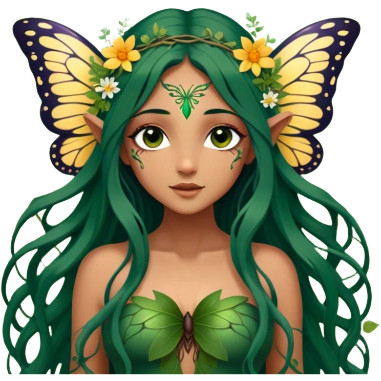 Cinematic Realistic Forest Nymph Fairy Portrait, depicted with lifelike, sun-kissed tanned skin that radiates an earthy glow, softly illuminated by natural, dappled light. Her long, flowing dark green hair is intricately detailed and interwoven with delicate vines and wildflowers, while her deep, soulful eyes mirror the wisdom of the forest. Dressed in an attire inspired by nature’s palette—with subtle botanical motifs—the portrait exudes a soft, enchanted glow that melds realism with woodland magic showing her large butterfly wings. emoji